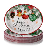 50 Pcs Christmas Oval Paper Plates 11'' Disposable Joy To The World Paper Plates Xmas Balls Tableware Large Christmas Snowflake Decorations For Winter Picnic Tea Party Supplies