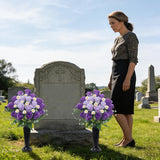 Artificial Cemetery Flowers For Grave Memorial Day Flowers For Cemetery,2Pack Artificial Silk Roses Daisy Bouquets With Cemetery Vases For Outdoor Grave Decorations ? (Purple)