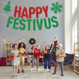 Red Glitter Happy Festivus Banner, Merry Christmas/Feliz Navidad, Spanish Christmas New Year Holiday Party Decorations Supplies