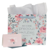 Large Landscape Gift Bag For Moms W/Greeting Card & Tissue Paper Set: More Precious Than Rubies - Prov. 3:15 Inspirational Bible Verse For Mother'S Day, Birthdays, Blue/Pink, Large