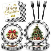 100Pcs Christmas Paper Plates And Napkins Set Black Buffalo Plaid Plates Christmas Party Supplies Xmas Tree Disposable Dinnerware Tableware Set For Holiday Winter Party Decoration Serve 25