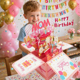 Happy Birthday Mom Card From Daughter Son Kids Funny 3D Pop Up Birthday Gift Card Box For Mom Foldable Celebration Greeting Cards With Envelope For Women Stepmom Godmother