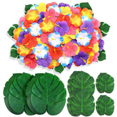 120Pcs Luau Party Decorations Fake Plants Palm Leaves Monstera Hibiscus Flowers Simulation Artificial Leaf For Hawaiian Luau Safari Parties Jungle Beach Wedding Birthday Theme Party Table Decorations