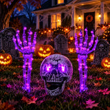 Halloween Skeleton Decorations Outdoor, Light Up Skull Head & Skeleton Hands Lights Stake with Purple LED, Battery Operated Halloween Yard Decor for Lawn, Garden, Graveyard, Haunted House & Party