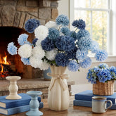 8Pcs 21In Navy Blue Artificial Chrysanthemum Silk Mum Flowers With 5 Heads Ball Faux Kiku Flower Pompom Floral For Spring Summer Table Centerpieces Home Indoor Decoration(White And Navy Blue)