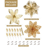 Poinsettias Artificial Christmas Flowers Decorations - 30 Pcs 3 Styles Artificial Gold Poinsettia Flowers For Christmas Tree,Artificial Holly Berry Stems Fake Poinsettia With Clips For Outdoor Decor