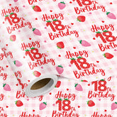 Happy 18Th Birthday Wrapping Paper Roll, Strawberry & Pink Gingham Gift Wrap For Girl’S Eighteenth Age18 Birthday Party, Gifts & Decorations, Mini Roll 17 In X 16.4 Ft
