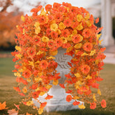Fall Flowers For Outdoors, Halloween Fake Mums, 2 Bundles Hanging Morning Glory Uv Resistant Artificial Bouquets For Autumn Porch, Realistic Faux Floral Fall Decor (Orange Yellow)