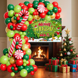 138 Pcs Christmas Balloon Arch Kit Christmas Balloon Garland With Merry Christ Mas Back Drop, Red Green Gold Latex Balloons And Red Candy Cane Lollipop For Xmas Party Decorations