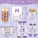 Purple Butterfly Gifts Set Of 6 Butterfly Makeup Bag Scented Candle Glass Cup With Lids And Straws Sock Greeting Card Pen For Women Lady Mothers Day Wife Girlfriend