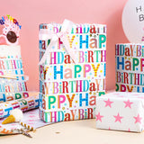Birthday Wrapping Paper Roll - Colorful Happy Birthday Letters With Metallic Foil Shine & Pink Stars Reversible Gift Wrap For Baby Shower, Party, Holiday - Mini Roll - 17 Inch X 16.5 Feet