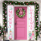 Nut-Cracker Christmas Porch Sign Banner Decoration,Merry Christmas Supplies Pink Christmas Nut-Cracker Door Hanging Banner For 2023 Winter Xmas Front Door Welcome Decoration