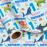 1St Birthday Wrapping Paper Roll For Baby Boys, Sea Animals Age1 Ocean Shark Turtle Seaweed Design Gift Wrap For Toddlers, First Birthday Party, Mini Roll 17 In X 16.4 Feet
