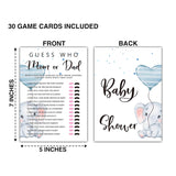 Baby Shower Games & Activity, Guess Who Mom Or Dad Game, Blue Balloon Elephant, Gender Reveal Game Card(5" X 7", 30-Pack)-E08