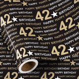 42Nd Birthday Wrapping Paper Roll, Min Roll, Black Gold Design With Stars And Happy Birthday Gift Wrap Paper For Age 42 Men, Women, 42Nd Birthday Party Celebrations, 17 Inches X 16.4 Feet