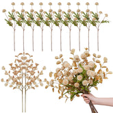 Flowers Artificial For Decoration,12Pc Silk Fake Mums + Eucalyptus Stems Adjustable Artificial Flowers Indoor Faux Dried Flowers For Vase Fillers Floral Arrangements Flower Centerpieces For Tables.