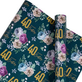 40Th Birthday Wrapping Paper For Women - Mini Roll - Flower Blooms Pattern With 40" Design Gift Wrap Paper For 40Th Birthday, Party And More - 17 Inches X 16.4 Feet, 40 Years Old