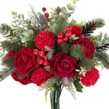 Christmas Artificial Flowers Red Berries Green Pine Neddles Fake Christmas Flowers Bouquet With Roses And Hydrangea Christmas Floral Arrangement For Home Table Holiday Wedding Grave Decor (13")