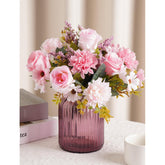 2 Bunches Pink Silk Artificial Flowers Bouquet For Home Décor, Roses, Chrysanthemums & Sunflowers Arrangement With Flexible Stems, Wedding Table Centerpieces