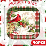 40Pcs 9 Inch Christmas Plates Merry Christmas Disposable Paper Plates Buffalo Plaid Xmas Cardinal Bird Pine Cone Party Plates For Holiday Party Dinner Tableware Supplies Decor