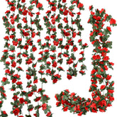Flower Garland 8Pcs 63Ft Artificial Rose Vine Hanging Flower Vines With Green Leaves Floral Garland For Wedding Wall Arch Party Decor (Red)