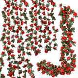 Flower Garland 8Pcs 63Ft Artificial Rose Vine Hanging Flower Vines With Green Leaves Floral Garland For Wedding Wall Arch Party Decor (Red)