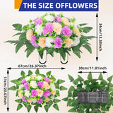 Artificial Cemetery Silk Flowers Saddle,Carnation Cemetery Headstone Flower Saddle, Memorial Flowers For Outdoor Tombstone Headstone Decorations (Purple Beige White)