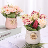 Artificial Flowers With Vase, 2Pcs Pink Silk Roses In Pot, Fake Flowers Bouquet Decoration In Ceramics Vase Faux Floral Arrangement For Table Centerpieces Spring Decor Home Office Farmhouse
