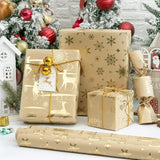 Christmas Wrapping Paper Roll, 3 Rolls Xmas Kraft Wrapping Paper, Brown Gold Foil “Merry Christmas” Leaves Snowflake Reindeer Design Gift Wrapping Paper For Christmas, New Year, Spring Festival, Holiday Party - 17 Inch X 120 Inch Each Roll