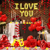 Happy Anniversary Valentines Day Decorations, Romantic Special Night Decor, Rose Petals & Candles Set, I Love You Signs & Balloons, Felt Heart Strings & Foil Balloons