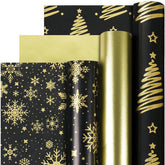 Christmas Wrapping Paper Rolls, Mini Roll - 3 Rolls Black And Gold Xmas Wrapping Paper, Gold Foil Christmas Trees And Snowflake Wrapping Paper For Xmas, New Year, Winter Holiday, Party, 17 X 120 Inch Each Roll