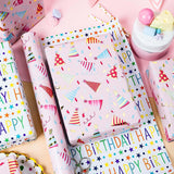 Birthday Hat Wrapping Paper, Reversible Happy Birthday Design Gift Wrap For Baby Shower, Valentines, Mothers Day, Graduation, Wedding, Fathers Day, Christmas (17 Inch X 32.8 Feet)