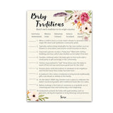 Bohemian Theme Baby Shower Games — Boho Baby Traditions Around The World Game — Pack Of 25 — Fun Facts Trivia Pink Floral Feather Girl Co-Ed Couples Shower Activity Gender Reveal Party G400-Btw