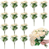 16 Pack Flower Bridesmaid Bouquets Fake Roses Artificial Silk Flowers Bulk For Bridesmaid Bridal Wedding Vase Faux Rose Bridal Rose Bouquets Wedding Party Decor(White)