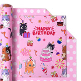 Reversible Cat Birthday Wrapping Paper Roll For Kid'S Girl'S - Cute Cat, Paw Print & Dot On Pink Design Gift Wrap For Birthday, Holiday, Baby Shower - 17 In X 20 Ft(Total 28.5Sq.Ft)