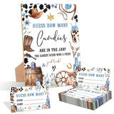 Cowboy Guess How Many Candies Are In The Jar Game, Pack Of 1 Wooden Tabletop Sign With Stand And 50 Guessing Cards, Wild West Rodeo Baby Shower Game, Gender Reveal Party Decorations - Wv11