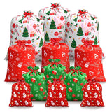Christmas Drawstring Gift Bags, Assorted Reusable Fabric Gift Wrapping Bags For Gifts Xmas Party Holiday Favors(12 Pcs, 4 Sizes)
