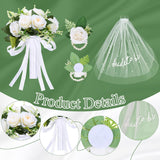 Wedding Bouquets For Bride Bridesmaid With Bride To Be Veil And Wrist Corsage, White Artificial Roses Flowers Bridal Accessories For Wedding Marriage Proposal Church Decoration (8.6In)