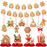 Gingerbread Merry Birthday Decorations - Christmas Party Banner Set 14Pcs Candy House Gold Banners Ceiling Hanging Swirls Honeycomb Centerpieces Xmas Supplies For Winter Holiday Table Decor