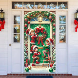 Christmas Door Cover Elf Banner 71 X 35 Inch Holiday Green Door Backdrop With Santa’S Helpers Hanging Wreath Candy Ornaments And Snow For Christmas Party Wall Decor Front Door