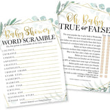 Baby Shower Games For 25 Guests - Greenery Baby Shower Game Word Scramble, True Or False, Babyshower Game Boy Girl Gender Neutral, Gender Reveal Games, Made In Usa
