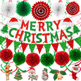 Merry Christmas Paper Banner Triangle Flag Bunting Pom Poms Paper Flower Fan Swirls Streamers Christmas Tree Stocking Bell Santa Claus Garland For Party Decoration