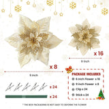 24Pcs 6"& 9 Inch Large Gold Artificial Poinsettia Christmas Flowers Decoration,Glitter Faux Ornaments For Xmas Tree Wreath Garlands New Year Home Decor, Gold