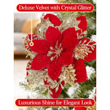 12Pcs Velvet Christmas Decorations Poinsettia Artificial Flowers - 5.5'' Red Glittery Poinsettia With Picks Christmas Tree Garland Ornaments For Xmas Party Wedding Table Centerpieces Decor