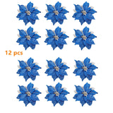 9 Inch Large Glitter Royal Blue Poinsettia Christmas Tree Ornaments Wedding Artificial Flowers Decorations Pack Of 12