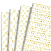 Ring Gift Wrapping Paper, 12 Sheets Engagement Ring Gift Wrap Gold Love Wrapping Paper With Mr & Mrs Design For Bridal Shower Anniversary Engagement Valentine'S Day Birthday, 19.7'' X 27.6''