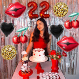 8Pcs Black And Red Balloons - Red Lip Balloons Cherry Balloons Cheetah Print Pattern Balloon And Black Heart Balloon For Women Birthday Party - Kiss The Miss Goodbye - Valentines Day Decorations