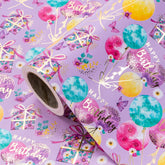 Purple Birthday Wrapping Paper - Mini Roll - 17 Inch X 16.5 Feet - Gold Foil Fantasy Purple Happy Birthday Paper For Kids, Girls, Women, Wedding, Bridal Shower
