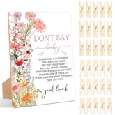Wildflower Don'T Say Baby Clothespin Game, Pack Of 1 Wooden Tabletop Sign With Stand And 50 Mini Natural Clothespins, Floral Baby Shower Game, Gender Reveal Party Decorations - Qx17