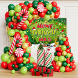 138 Pcs Christmas Balloon Arch Kit Christmas Balloon Garland With Merry Christ Mas Back Drop, Red Green Gold Latex Balloons And Red Candy Cane Lollipop For Xmas Party Decorations